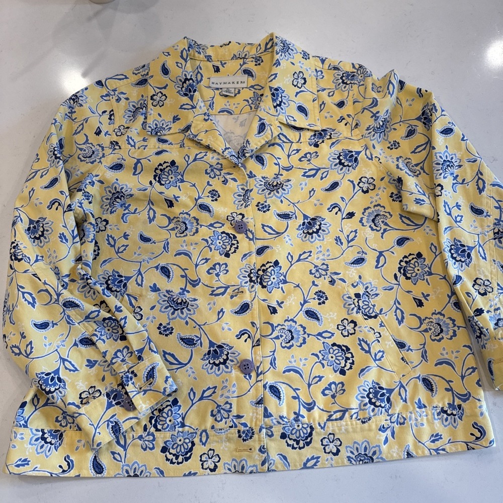 Petite Large Haymaker Denim yellow blue floral jacket